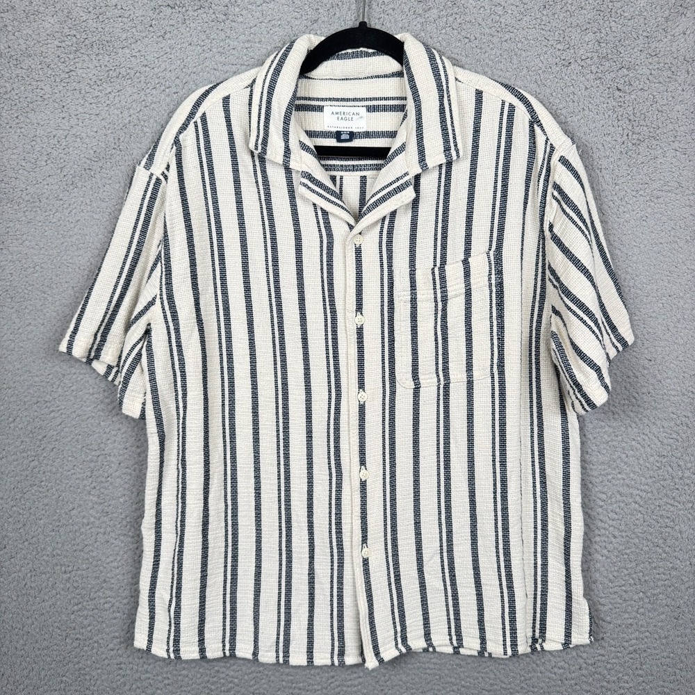 American Eagle Shirt Mens M Off White Navy Striped Button Preppy Beach Vacation